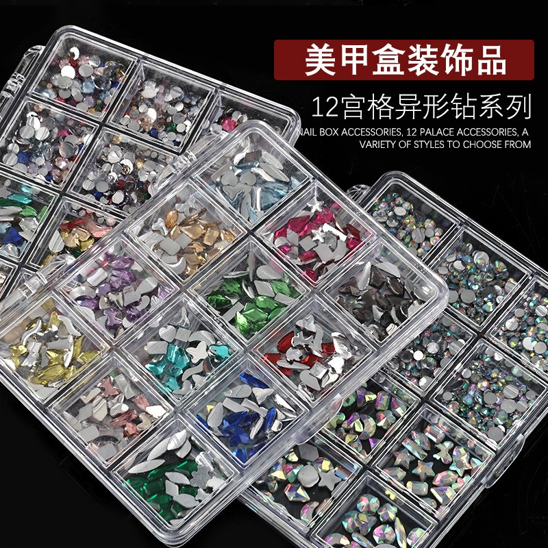 12 grid nail decoration irregular diamond flat bottom colored rhinestone resin diamond mixed
