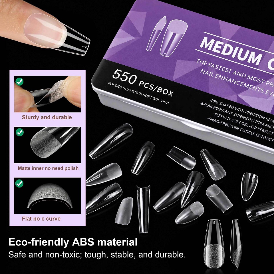 550pcs soft gel nail tips medium short almond coffin full cover matte extension acrylic press on
