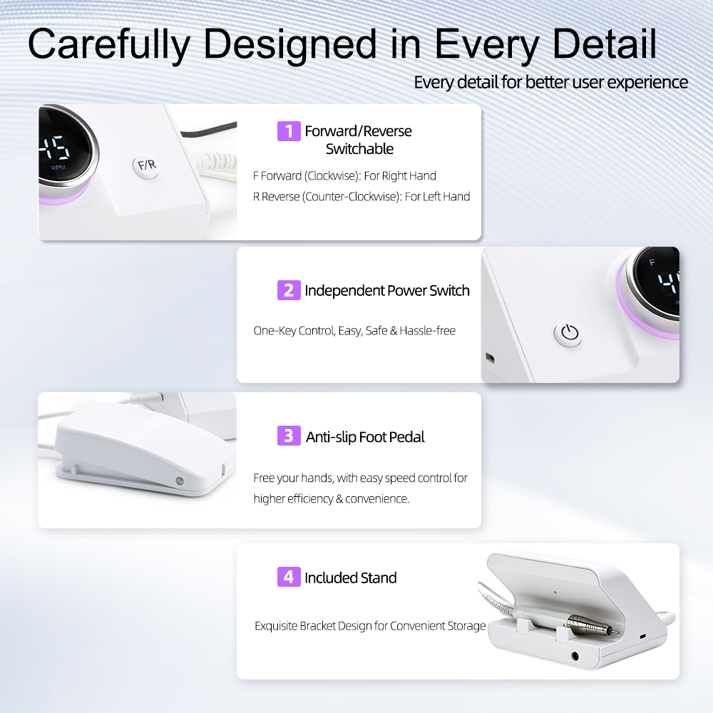 45000 rpm  electric nail file 85w brushless low noise portable nail equipment with foot pedal